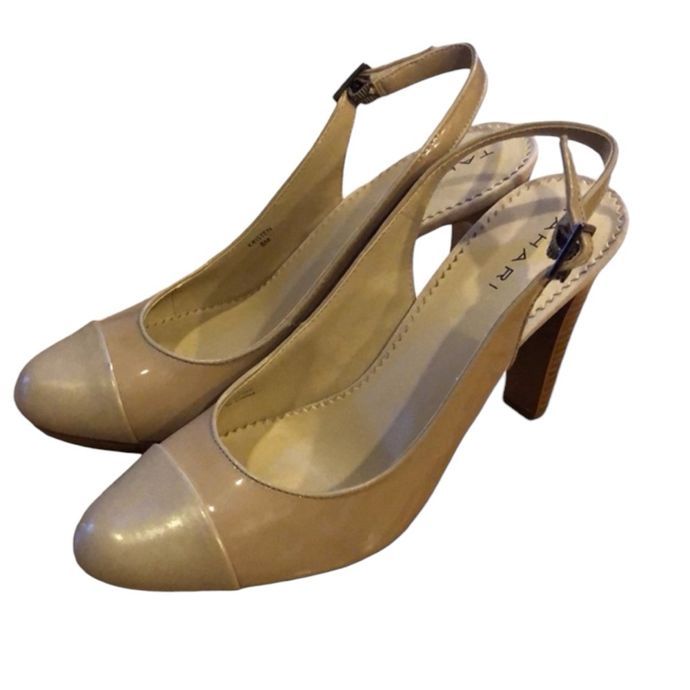 TAHARI KRISTEN SLINGBACK PATENT LEATHER PUMPS TAN SIZE 8